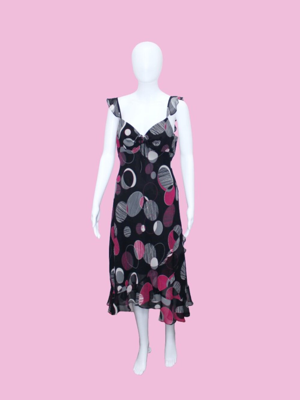 1990s-Y2K MICA Dot Print Adjustable Bust ASYMMETRICALDress W/Flutter Sleeves S-M